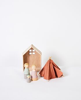 Playtime wooden people in house with teepee - small